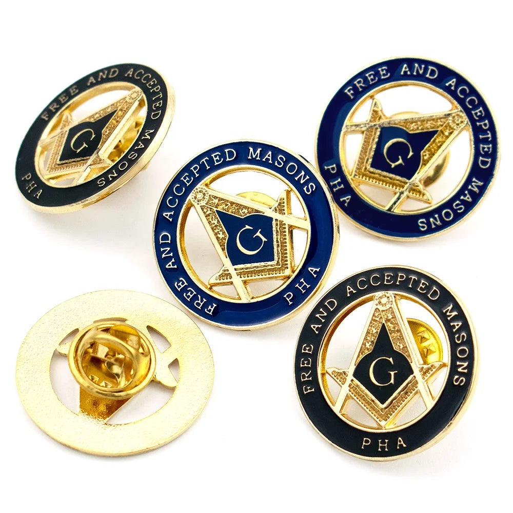 Spot Quick Delivery Metal Zinc Alloy Hollow Out Gold Color Freemason Mason Masonic Lapel Pins