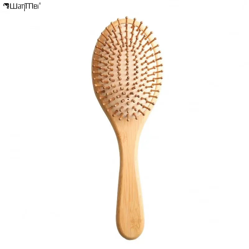 Wanmei Custom logo Natural Safety Biodegradable Hairbrush Bamboo Pins Wooden Paddle Oval Bamboo Hair Brush