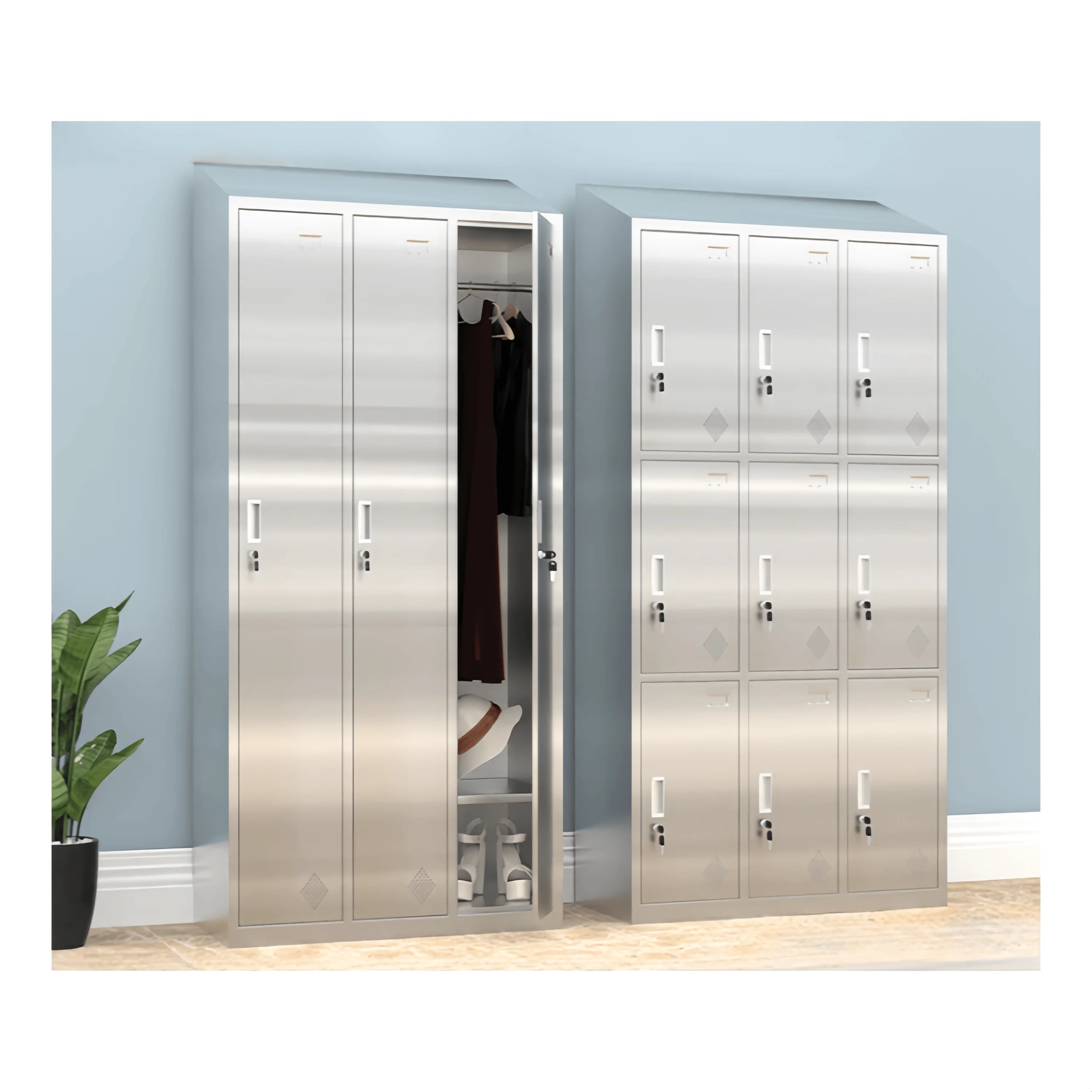 Custom logo China Supplier 3 Doors Stainless Steel Wardrobe Slopped Top Cupboard Metal Dustproof Cabinet