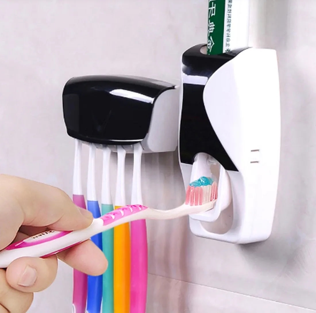 Automatic Tooth Paste Toothpaste Dispenser with Tooth Brush Toothbrush Holder and Auto Pump Rolling Squeezer Kit Set Wall Mount