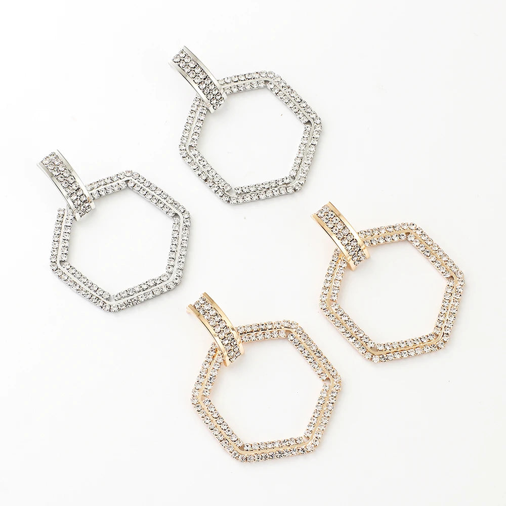 Fashionable Gold-Plated Geometric Crystal Drop Earrings Exaggerated Rhinestone Jewelry for Women for Gift