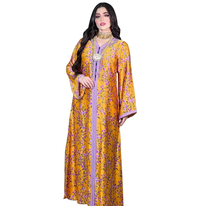 Luxury Islamic Modern Abaya Moroccan Kaftan Muslim Elegant Long Sleeve Evening Gown Dresses Floral Jalabiya