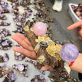 Wholesale Beautiful Amethyst Crystal Cluster Stand Natural Healing Gemstones Sphere with Feng Shui Style Polished Wooden Stand