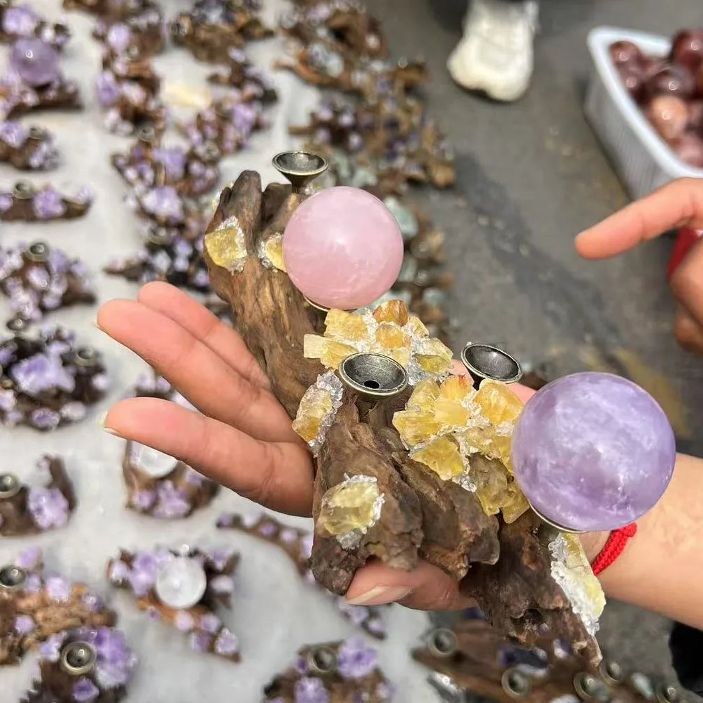 Wholesale Beautiful Amethyst Crystal Cluster Stand Natural Healing Gemstones Sphere with Feng Shui Style Polished Wooden Stand