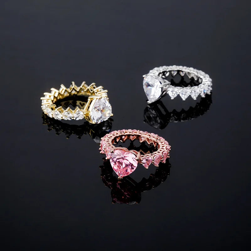 Hip Hop Matching Wedding Ring Gold Plated Copper Alloy Stainless Steel Full Ice Love Heart CZ Diamond Zircon Ring for Women
