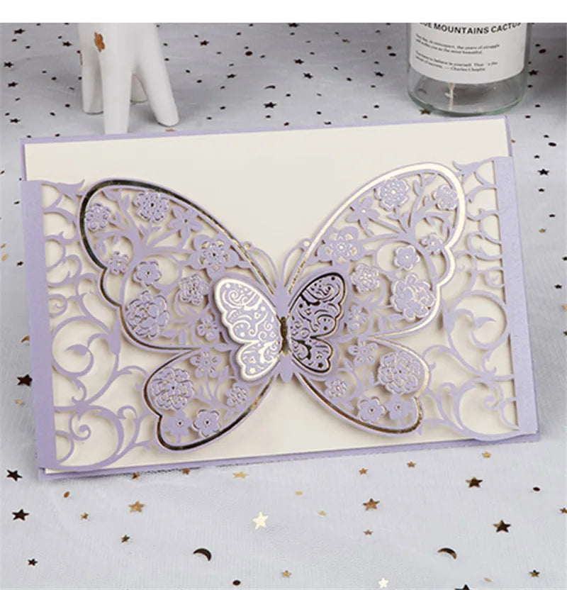 Customized Love Greeting Gift Card  Gold Foiling Printing Creative European Butterfly Hollow Wedding Invitation Card
