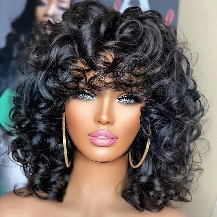 Machine Made Natural Wave Very Full Human Hair Wig Glueless Lace Curly Bob Wig Peruvian Machine Made Bob Wig for Black Women