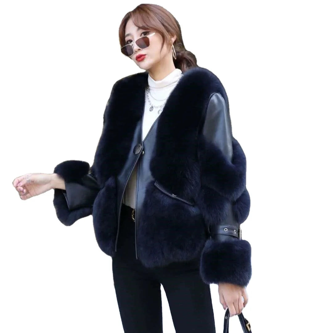 2021 Winter Faux Fur  New  Fake Fox Fur Coat Motorcycle Clothing With Leather