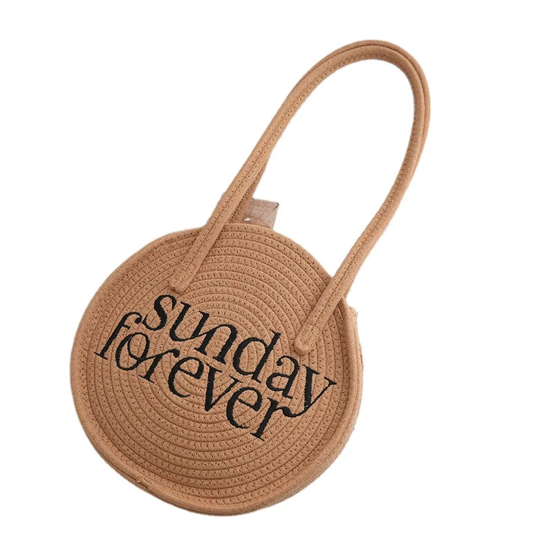 Women's Lady Handmade Cotton Rope Weave Tote Bag Round Letter Printed Fashion Two Portable Handles Open Closure Type