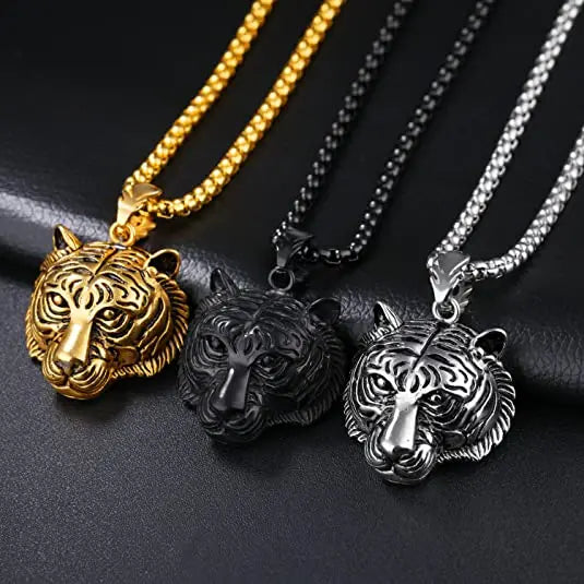 Men's Stainless Steel Solid Tiger Head Pendant Chain Necklace Punk Animal Tiger Pendant Necklace for Boys Retro Tiger Jewelry