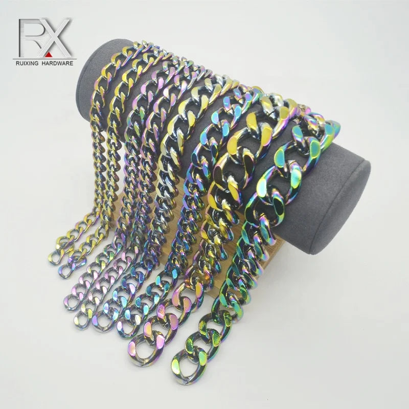 Wholesales rainbow Color All Sizes of Iron Zinc Alloy Chain Flat Chain for Purse Strap Decorative Metal Chain for Handbag Wallet