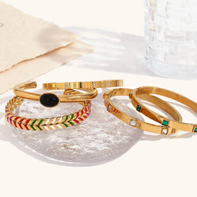 Dingran Wholesale Stainless Steel Jewelry Open Design Zircon Bangle Set Gold Plated Jewelry
