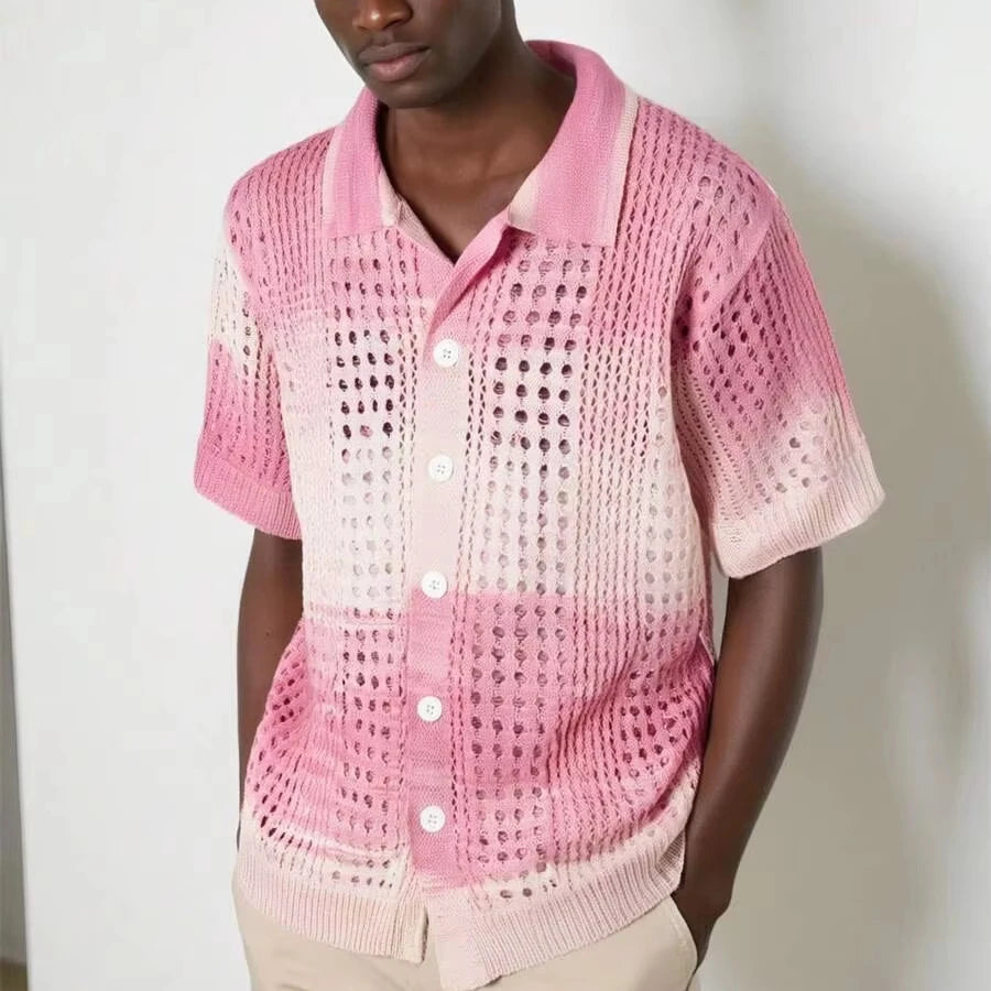 Custom Design Logo Casual Fashion Gradient Color Summer Beach Knitwear Hollow Out Cardigan Top Mesh Crochet Men Shirt