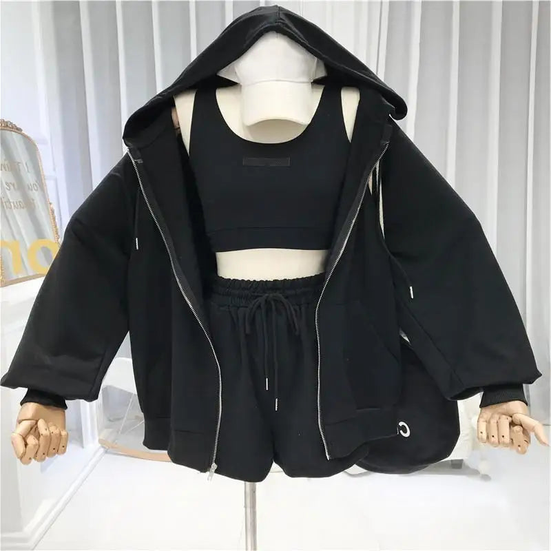Three Pieces Hoodies Set Embroidered Sweatpants Sports Running Pullover Design Oversized Sweatshirt  Shorts Set Women  M-XXL