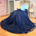 Navy Blue Off the Shoulder Mexican Lace Beads Vestidos De 15 Anos Princess Sweet 16 Birthday Ball Gown Quinceanera Dress MQ624 MegaBDM