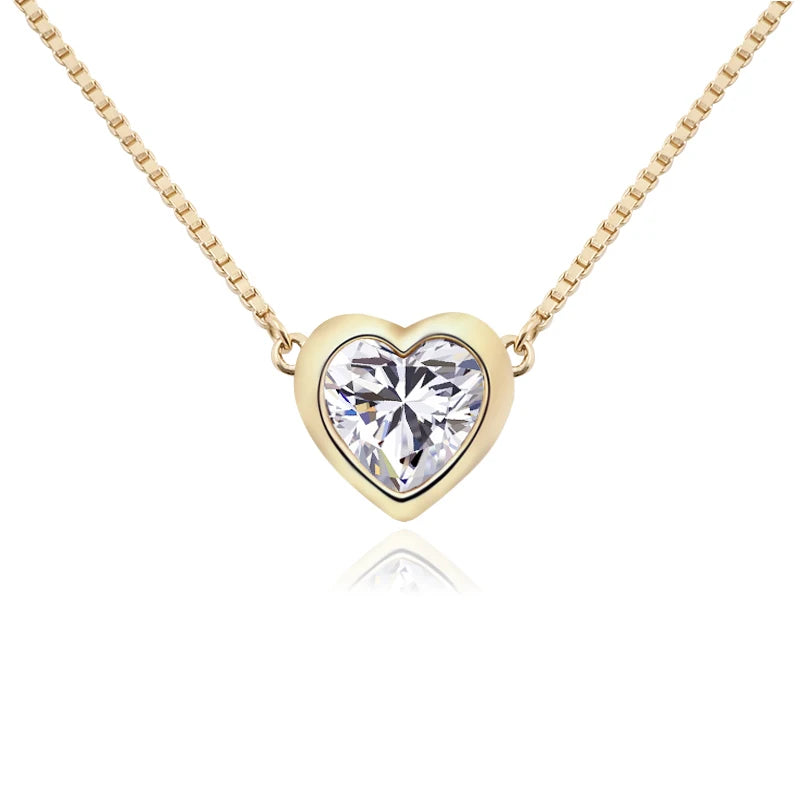 Bezel Set Heart Shape 1Carat Moissanite Diamond Solitaire Necklace 14K Yellow Gold with Box Chain Gold Women Necklace
