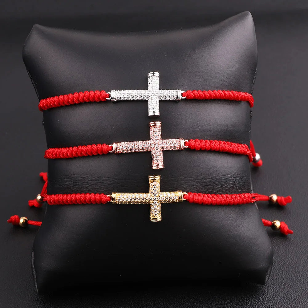 New Design Cute Design CZ Cross Charm Red Cord Diamond Macrame Braided Adjustable Lucky Men Women Beaded Bracelets