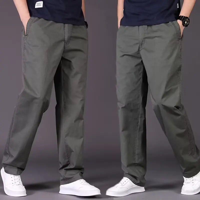 Men's Casual Loose Fit Cargo Pants Summer Sport Style Straight Mid Waist Canvas Fabric