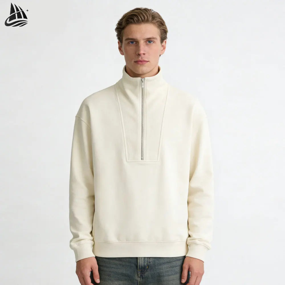 Custom Funnel Neck Plain White Blank Half Zip Sweatshirt for Men