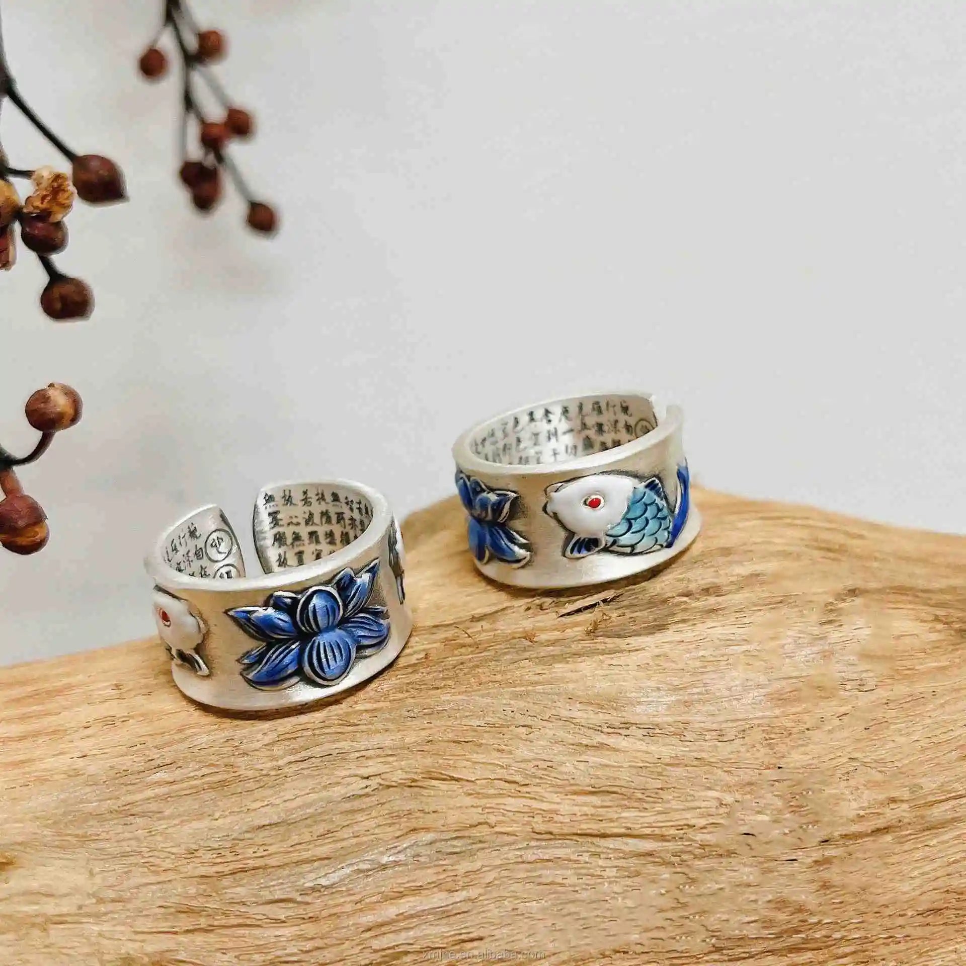 Certified S999 Vintage Ethnic Style Open Hannya Shingyo Ring Enamel Lotus Double Koi Classical Sterling Silver Ring