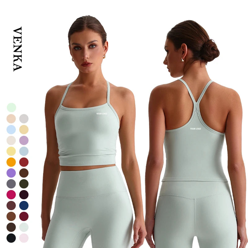 Women Flat Neck Crisscross Shoulder Straps Sling Fitness Wear Crop Top Girl High Strength Shockproof Sports Yoga Bra With Pads