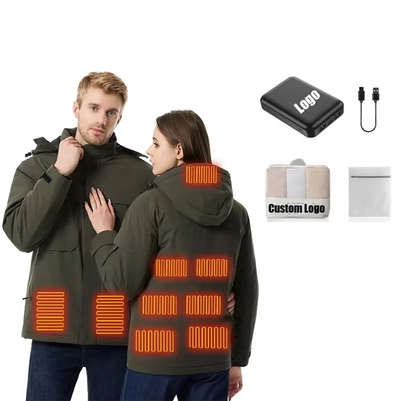 Men's Waterproof Winter Jacket with 9 Heated Zones Electric Puffer Coat Featuring Plus Size and Zipper Closure