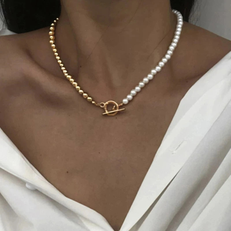 Vintage Simple Necklace Classic OT Clasp Chain Necklace Pearls Bead Chain Necklace for Women