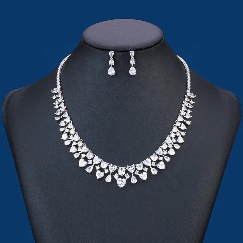 Platinum-Plated Bridal Fine Jewelry Set for Women Zircon Necklace & Copper Accessories for Weddings Parties Anniversaries