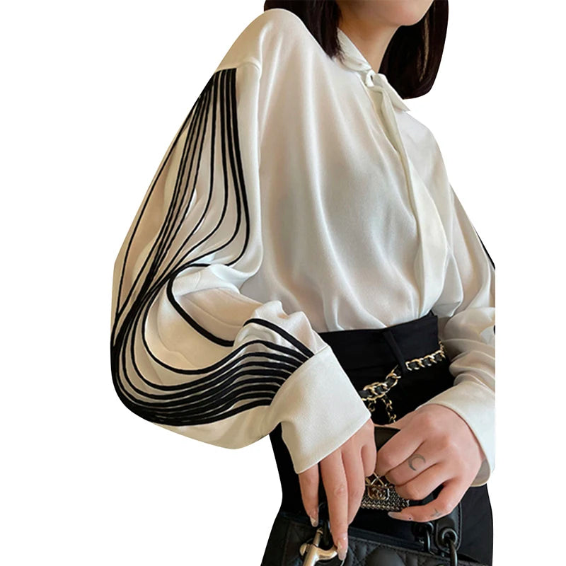 TWOTWINSTYLE Blouses Elegant Women Lantern Sleeves Hit Color Casual Woman Tops Autumn