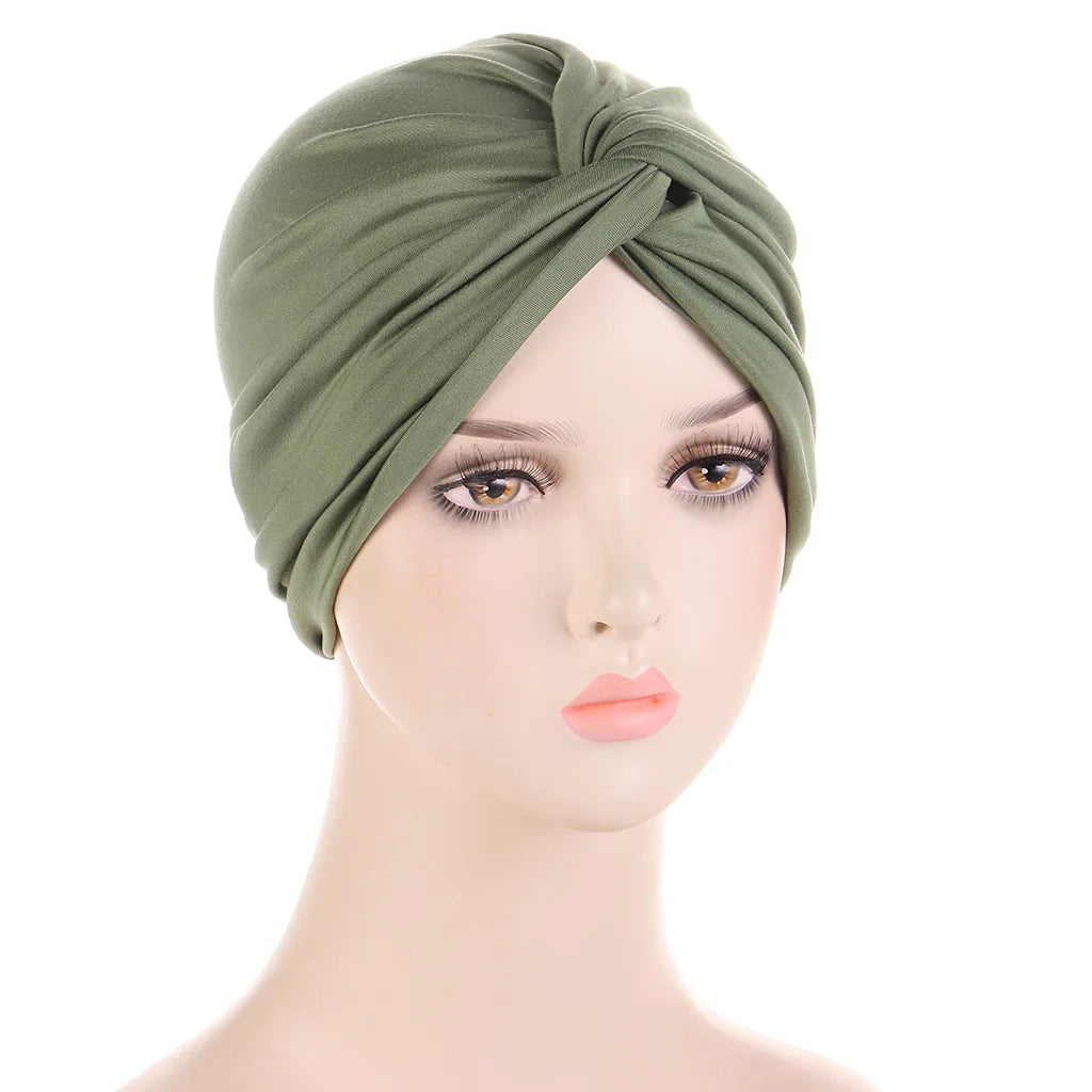 2023 New Elastic Muslim Cross Front Turban Hat Headscarf Indian Twist Bottoming