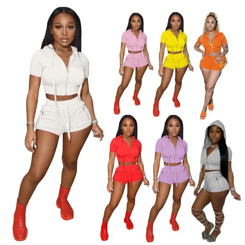 Women's 2022 Summer Casual Style Crop Tops and Shorts Sets Hooded Two Piece Track Outfit Fitted Women's Fashion
