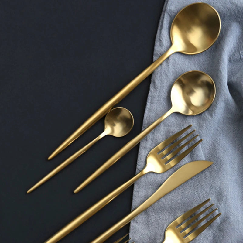 304 Stainless Steel Handle Matte Gold Cutlery Flatware Sets 4Pcs Spoon Fork Knife for Wedding Party Restaurant