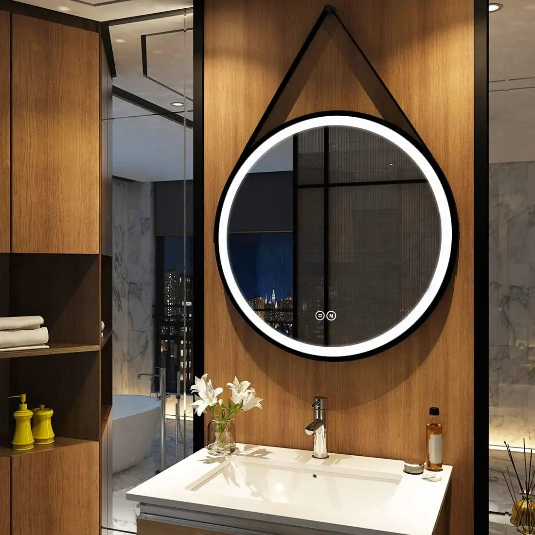 Classic Style Smart Mirror Touch Screen Round Metal Makeup Led Light Black Frame Bathroom Mirror With Touch Screen