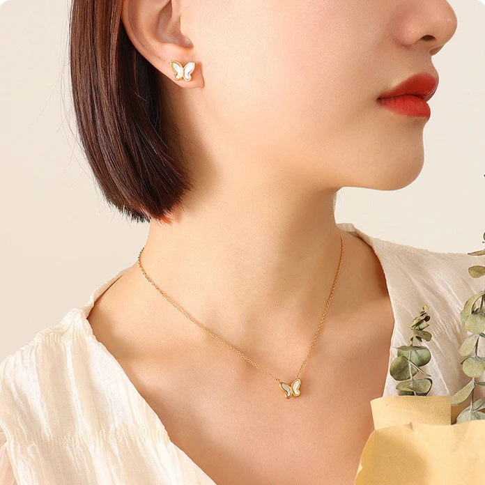 White Sea Shell Butterfly Necklace Gold Plated Earring Stainless Steel Jewelry Set for Women