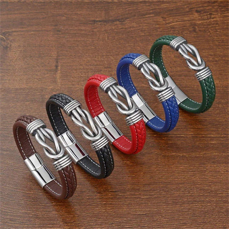 Punk Style Jewelry Stainless Steel Clasp Men Bracelets Custom Color Leather Braided Twisted Stainless Steel Leather Bracelet