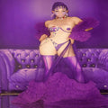 Sexy Purple Rhinestone Bodycon One Piece Jumpsuits With Mesh See Through Ruffles Cape Coat Women Robe Evening Gown Dress