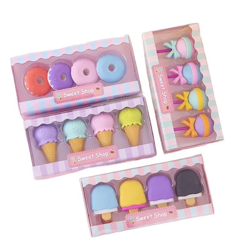 Cute Creative School Student Simulation Ice Cream Donut Erasers Set Kids Cartoon Food Eraser Gift Stationery Supplies 4pc/box