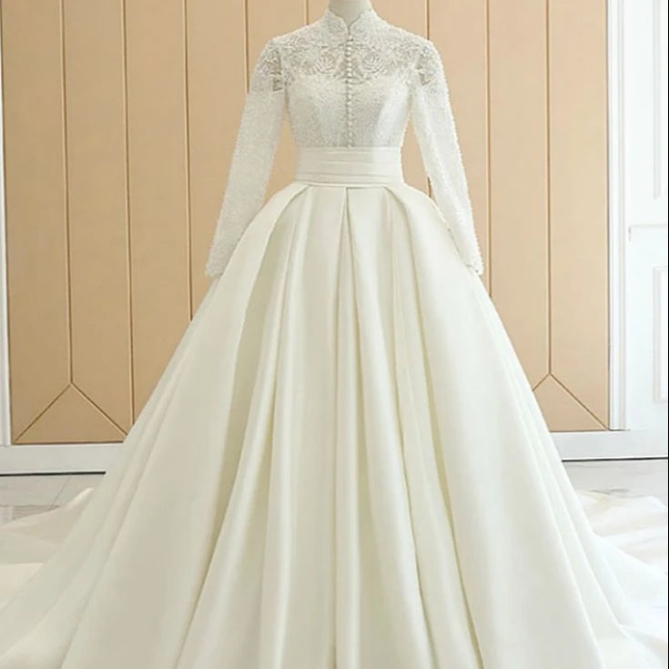 S558Q 2026 New Satin Temperament Long Sleeve Trailing Wedding Dress