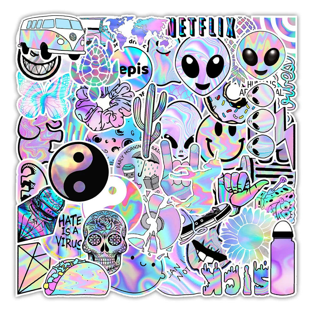 50Pcs Holographic Cool Fashion Graffiti Stickers for Kid Notebook Bottle Laptop PVC Custom Laser Sticker