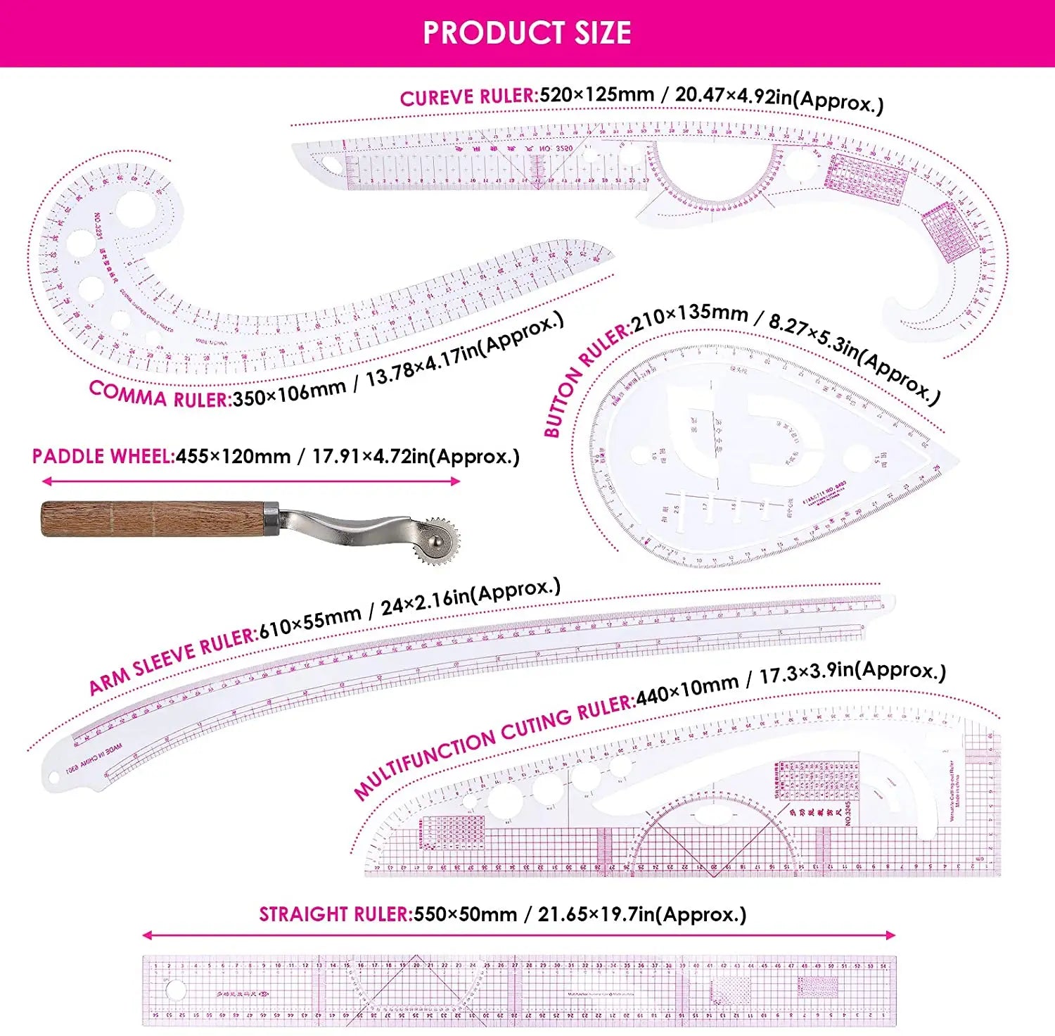 7pcs Fashion Design Flexible French Sewing Curve Ruler Set Clear Ruler for Tailor