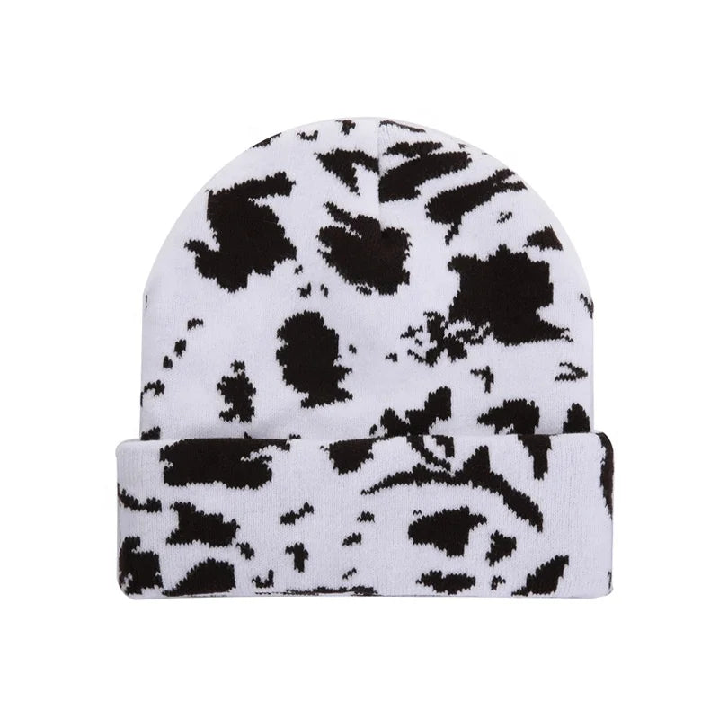 Winter Leopard Zebra Print Women Knitted Cow Beanies Warm Winter Beanie Knit Hat