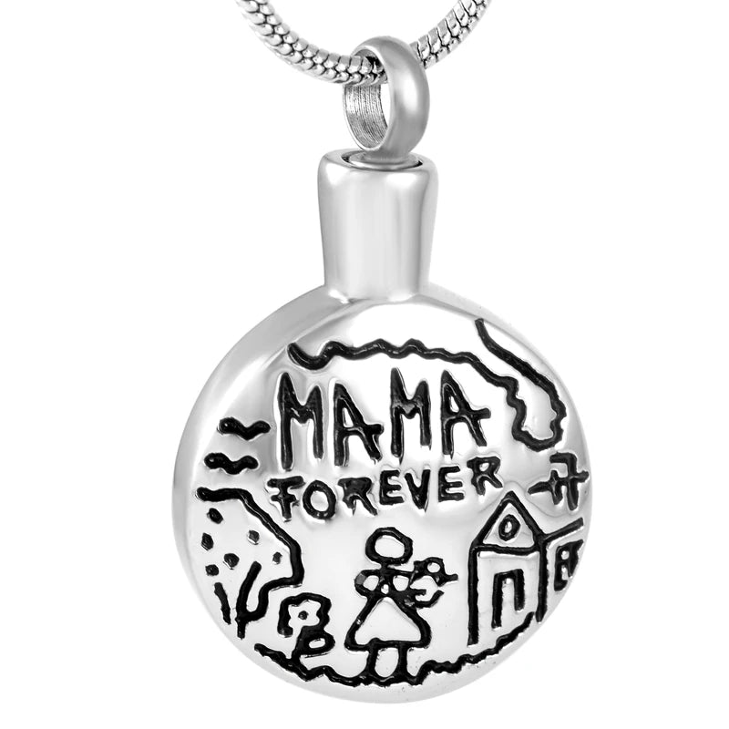 MAMA Family Stainless Steel Silver Plated Vintage Ash Urn Keepsake Cremation Pendant Ashes Holder Necklace Religious Christian