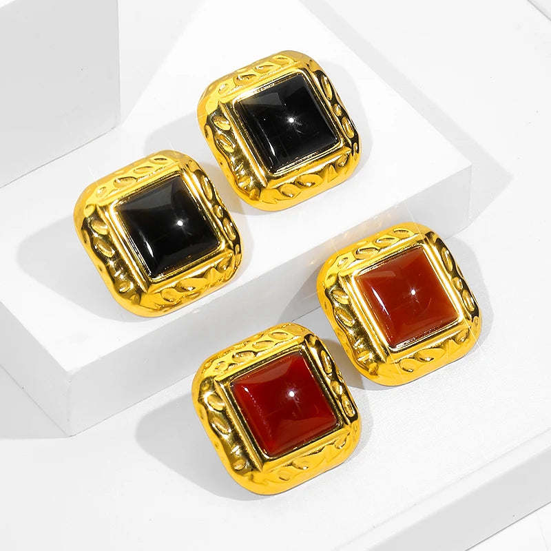 JUSNOVA Waterproof 18K PVD Gold Plated 316 Pin Stainless Steel Hypoallergenic Vintage Square Black Red Stud Earrings