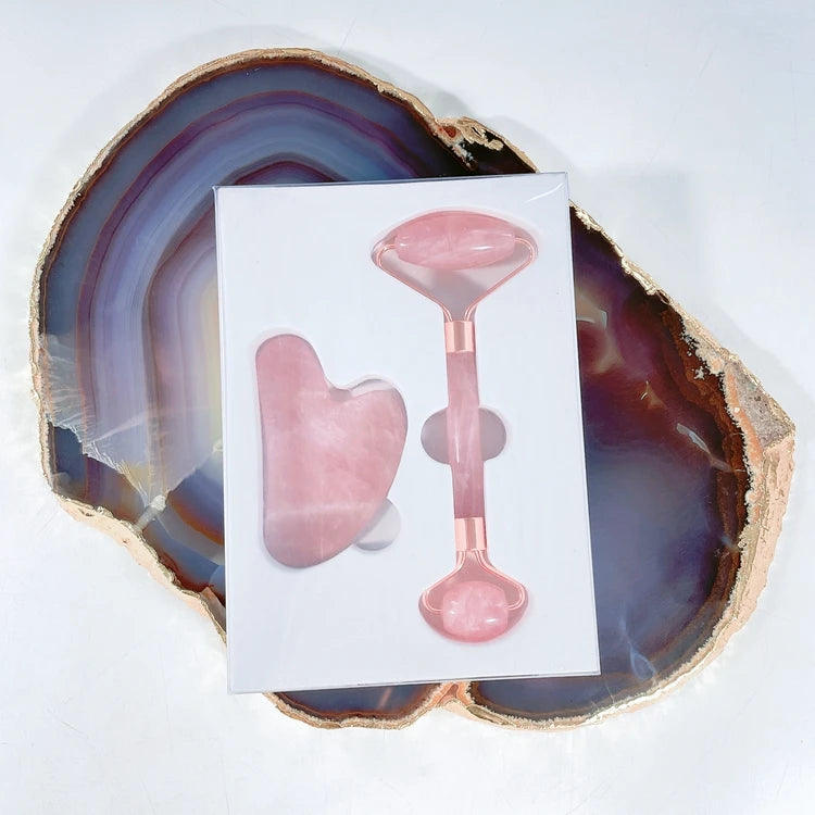Hongzhuo Wholesale Natural Real Jade Rose Gold Wire Rose Quartz Roller Gua Sha Set Private Label Skin Care Face Kit