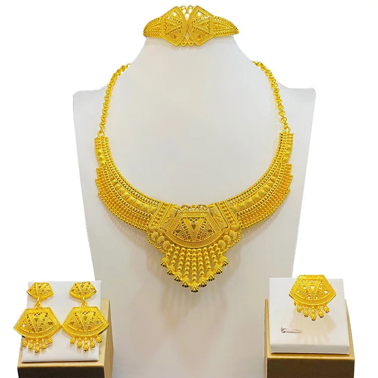 24K Gold Plated Middle East Dubai New Bridal Jewelry Set Women's Necklace Earring Ring Bracelet 4Pcs Ornament Set