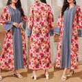 Hot Selling Women Clothing Islamic Dresses V Neck Color Contrast Flower Printed Abaya Casual Maxi Dress for Muslimah