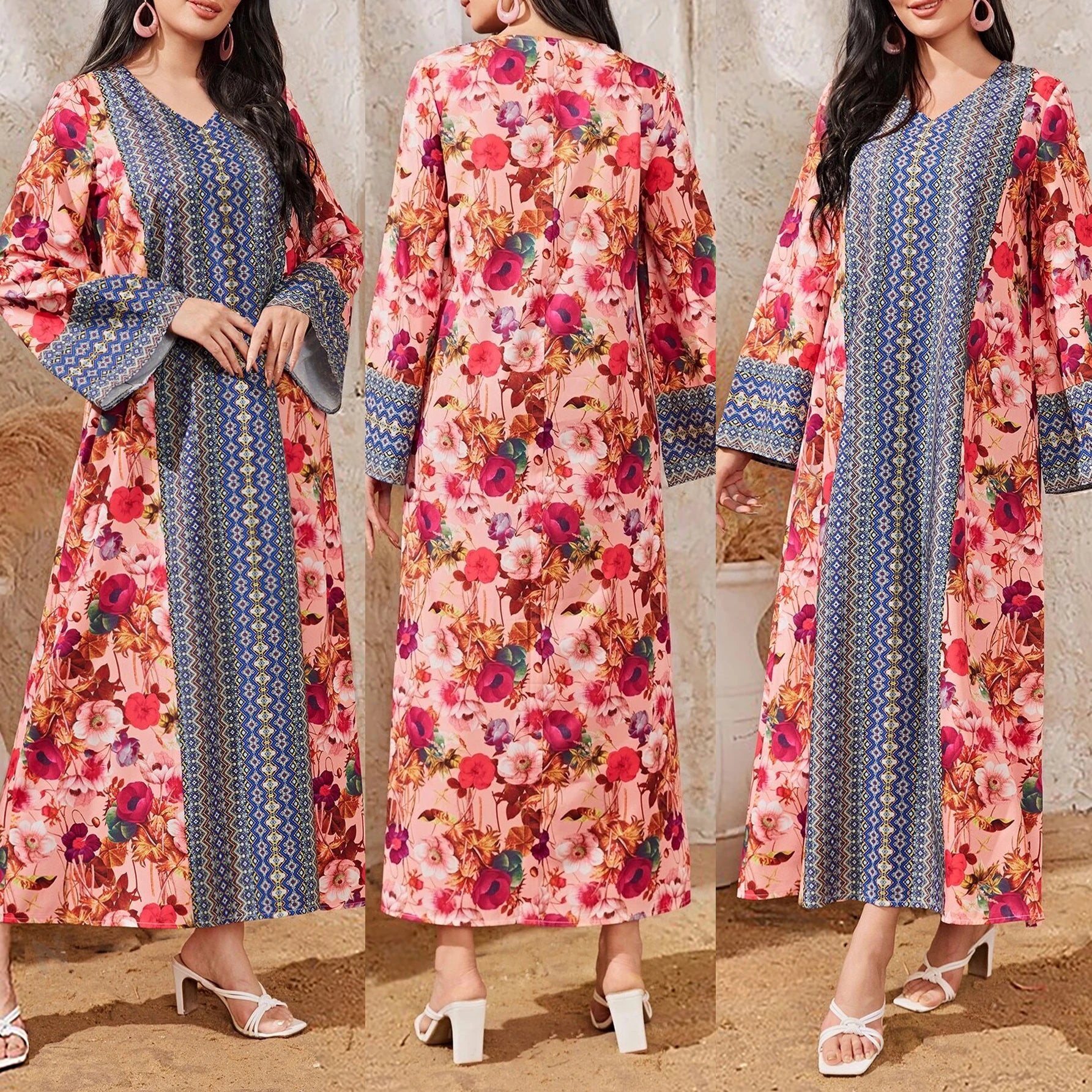 Hot Selling Women Clothing Islamic Dresses V Neck Color Contrast Flower Printed Abaya Casual Maxi Dress for Muslimah