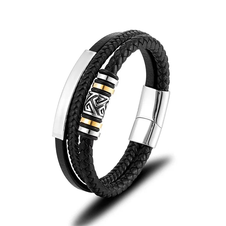 Custom Logo Laser Blank Stainless Steel Bracelet Men's Genuine Leather Braided Bracelets