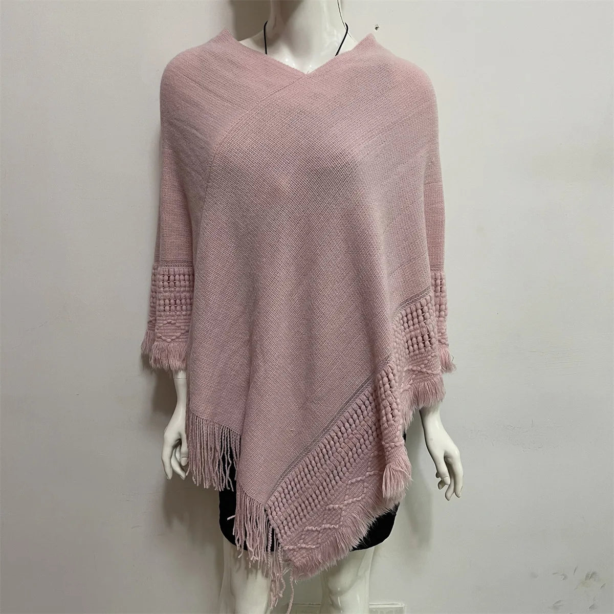 European and American Style New Solid Color Casual Irregular Tassel Knit Shirt Bat Sweater Cape V Neck Cape