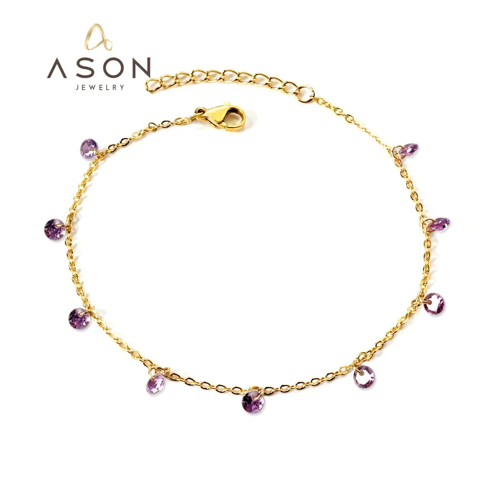 Ason Fashion Jewelry Wholesale Beaded Waterproof Purple Diamond Stainless Steel Woman Bracelet 18k Gold Plated Amethyst Bracelet